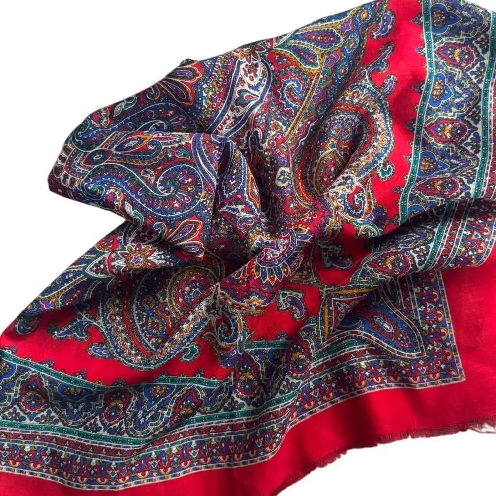 Vintage Specialty House Pure Wool Paisley Red Square Scarf Wrap Made in Italy
